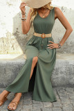 Split Solid Color Sleeveless Round Neck Dress
