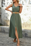 Split Solid Color Sleeveless Round Neck Dress