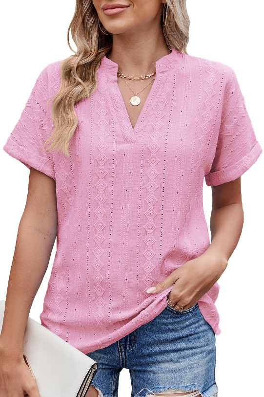 Jacquard V-Neck Short Sleeved Loose T-Shirt