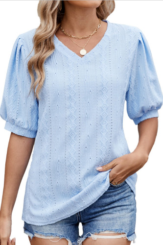 Solid Color V-Neck Hollow Bubble Short Sleeved T-Shirt