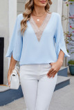 Solid Color V-Neck Mid Sleeve Lace Chiffon Shirt