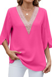 Solid Color V-Neck Mid Sleeve Lace Chiffon Shirt