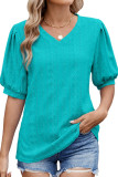 Solid Color V-Neck Hollow Bubble Short Sleeved T-Shirt
