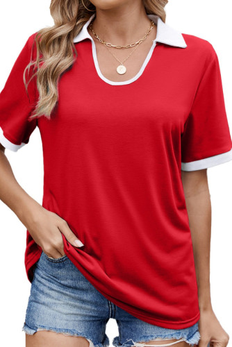 Lapel Contrasting Loose Short Sleeved T-Shirt
