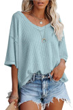 Waffle Knitted V-Neck Bat Short Sleeve T-Shirt