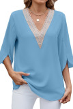 Solid Color V-Neck Mid Sleeve Lace Chiffon Shirt