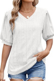 Solid Color V-Neck Hollow Bubble Short Sleeved T-Shirt