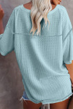 Waffle Knitted V-Neck Bat Short Sleeve T-Shirt