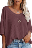 Waffle Knitted V-Neck Bat Short Sleeve T-Shirt