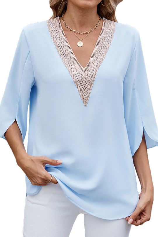 Solid Color V-Neck Mid Sleeve Lace Chiffon Shirt