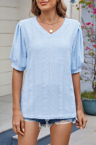 Solid Color V-Neck Hollow Bubble Short Sleeved T-Shirt