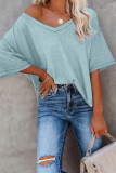Waffle Knitted V-Neck Bat Short Sleeve T-Shirt