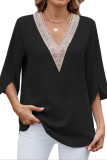Solid Color V-Neck Mid Sleeve Lace Chiffon Shirt