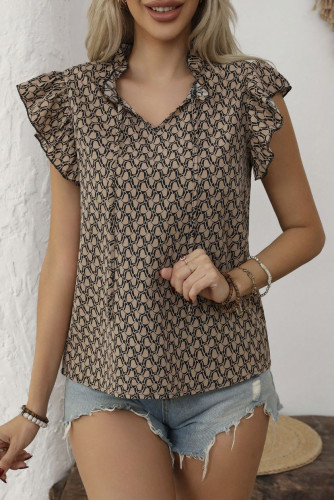 V-Neck Printed Ruffled Sleeve Lace Up Shirt