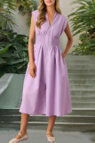 V-Neck Pleated Zipper Sleeveless Dress