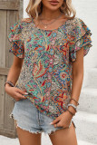 Round Neck Lotus Leaf Double-Layer Sleeves Top