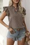 V-Neck Printed Ruffled Sleeve Lace Up Shirt