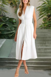 V-Neck Pleated Zipper Sleeveless Dress