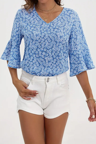 Casual Short Sleeved V-Neck Floral Printed Shirt