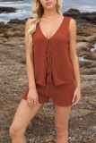 V-Neck Casual Lace Up Vest Knitted Two-Piece Set