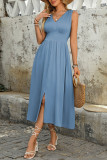 Solid Color Sleeveless V-Neck Button Slit Dress