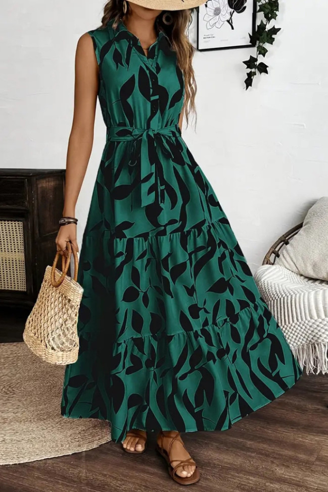 Lapel Sleeveless Waist Cinching Dress