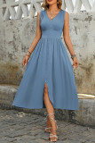 Solid Color Sleeveless V-Neck Button Slit Dress