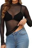 Half High Neck See Through Long Sleeved Mesh T-Shirt
