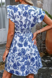 V-Neck Printed Waist Cinching Lotus Leaf Sleeve Dress