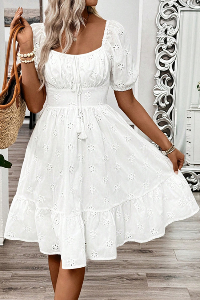 Solid Color Square Neck Short Sleeved Dress