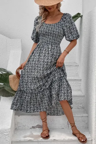 Bubble Short Sleeve Black And White Floral Dress