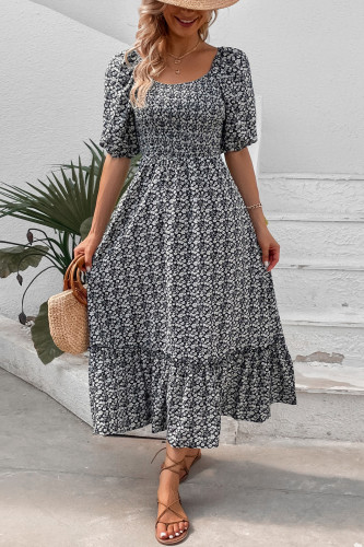 Bubble Short Sleeve Black And White Floral Dress