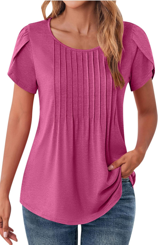 Summer Pleated Round Neck Short Sleeved T-Shirt