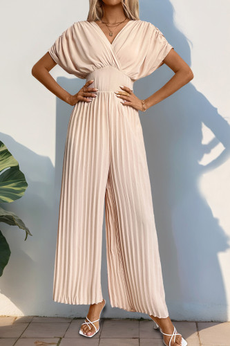V-Neck Pleated Apricot Short Sleeve Jumpsuit