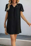 Nail Bead Lantern Short Sleeve V-Neck Dress