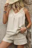Solid Color Neck Hanging Shirt Shorts Two-Piece Set