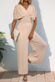 V-Neck Pleated Apricot Short Sleeve Jumpsuit