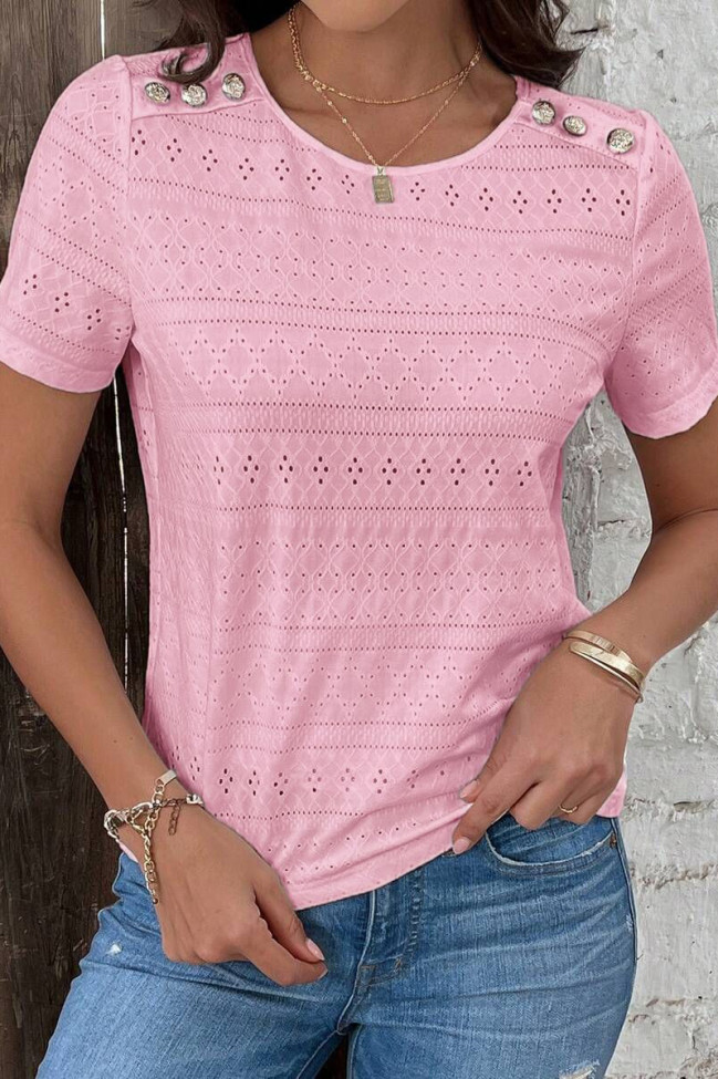 Round Neck Hollow Solid Color Short Sleeved T-Shirt