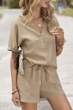 Solid Color V-Neck Loose T-Shirt Shorts Two-Piece Set