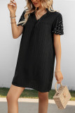 Nail Bead Lantern Short Sleeve V-Neck Dress