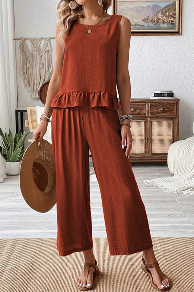 Solid Color Sleeveless Shirt Cropped Pants Two-Piece Set