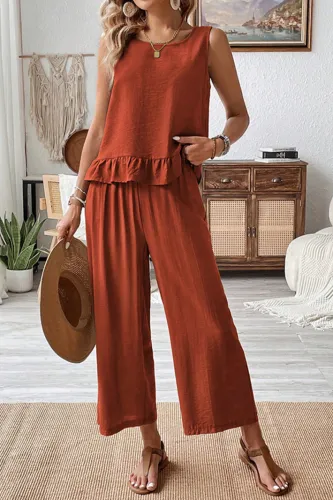 Solid Color Sleeveless Shirt Cropped Pants Two-Piece Set