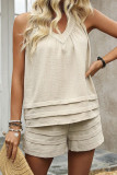 Solid Color Neck Hanging Shirt Shorts Two-Piece Set