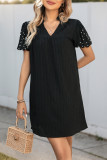 Nail Bead Lantern Short Sleeve V-Neck Dress