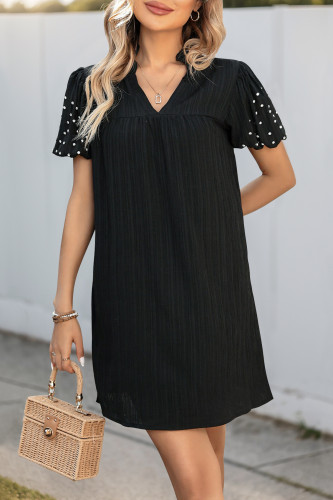 Nail Bead Lantern Short Sleeve V-Neck Dress