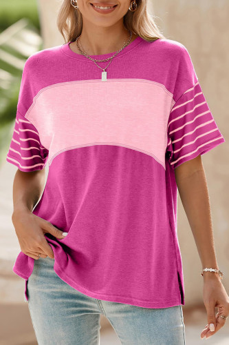 Round Neck Striped Contrasting Short Sleeved T-Shirt