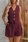 Linen V-Neck Vest Shorts Two-Piece Set