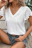 Hollow Out Short Sleeved Lace V-Neck Shirt