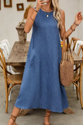 Round Neck Sleeveless Pocket Casual Loose Dress