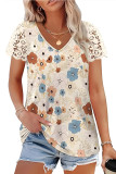 Printed V-Neck Lace Short Sleeved T-Shirt